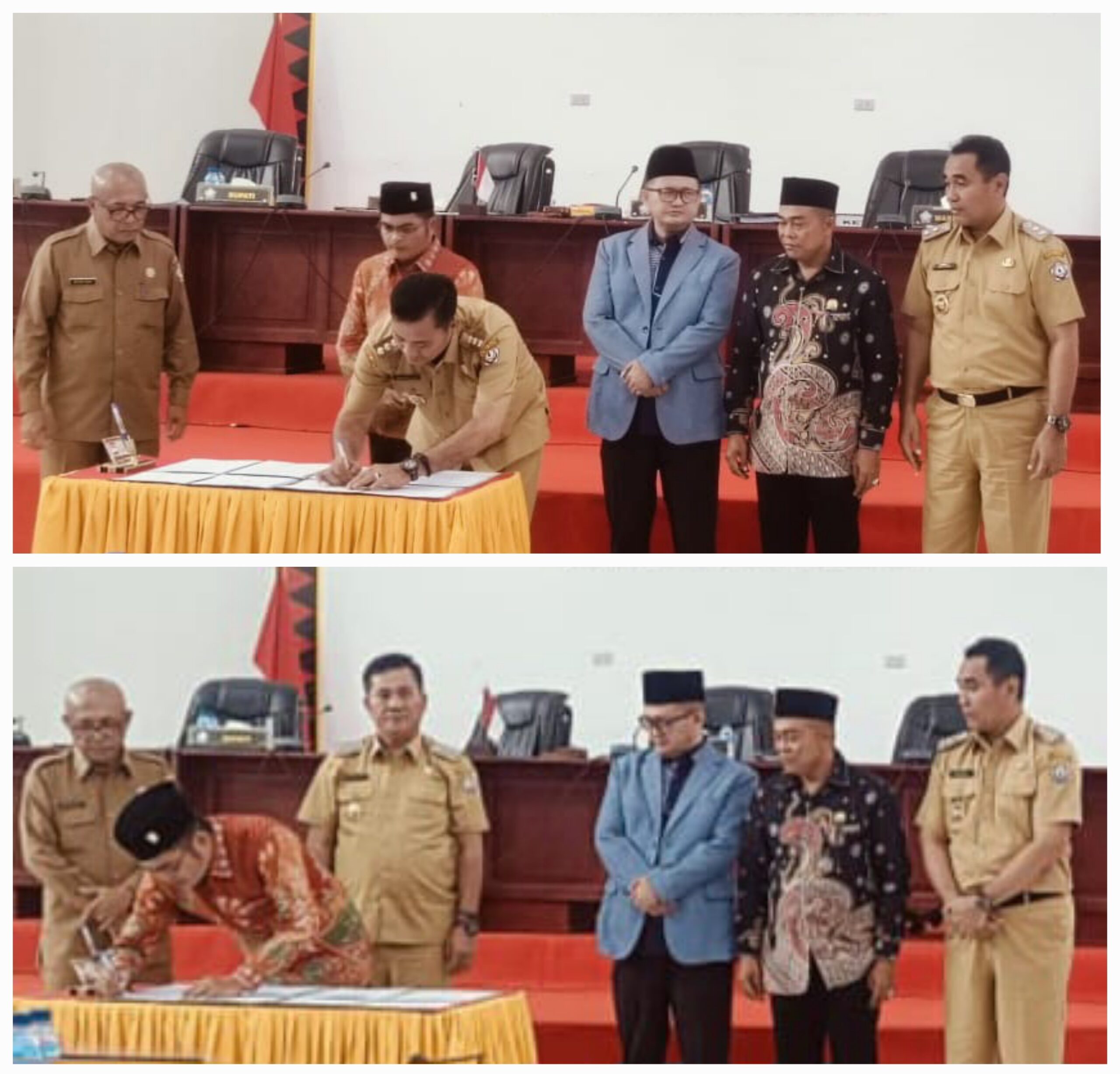 Ketua DPRD Nias Selatan, Elisati Halawa bersama Bupati Nias Selatan, Sokhiatulo Laia  saat menandatangani persetujuan Ranperda RPMJD 2025-2045 dan Ranperda Bangunan Gedung, Selasa (11/3). Waspada/Budi Gowasa