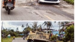 Terlihat di beberapa titik jalan nasional ruas Gunungsitoli menuju Telukdalam, Nias Selatan mengalami kerusakan hingga berlubang hingga kini belum ditangani, Sabtu (15/3). Waspada/Budi Gowasa