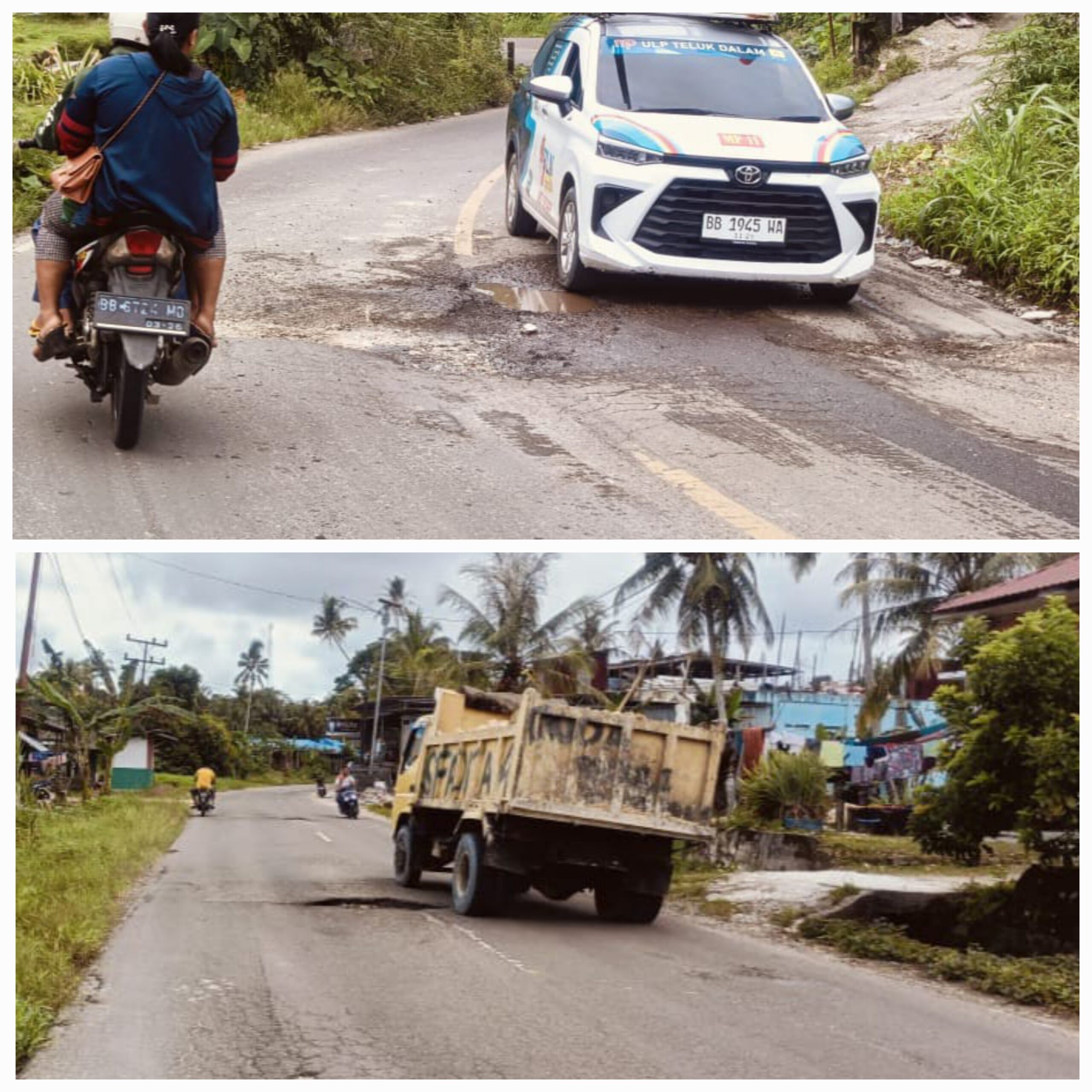 Terlihat di beberapa titik jalan nasional ruas Gunungsitoli menuju Telukdalam, Nias Selatan mengalami kerusakan hingga berlubang hingga kini belum ditangani, Sabtu (15/3). Waspada/Budi Gowasa