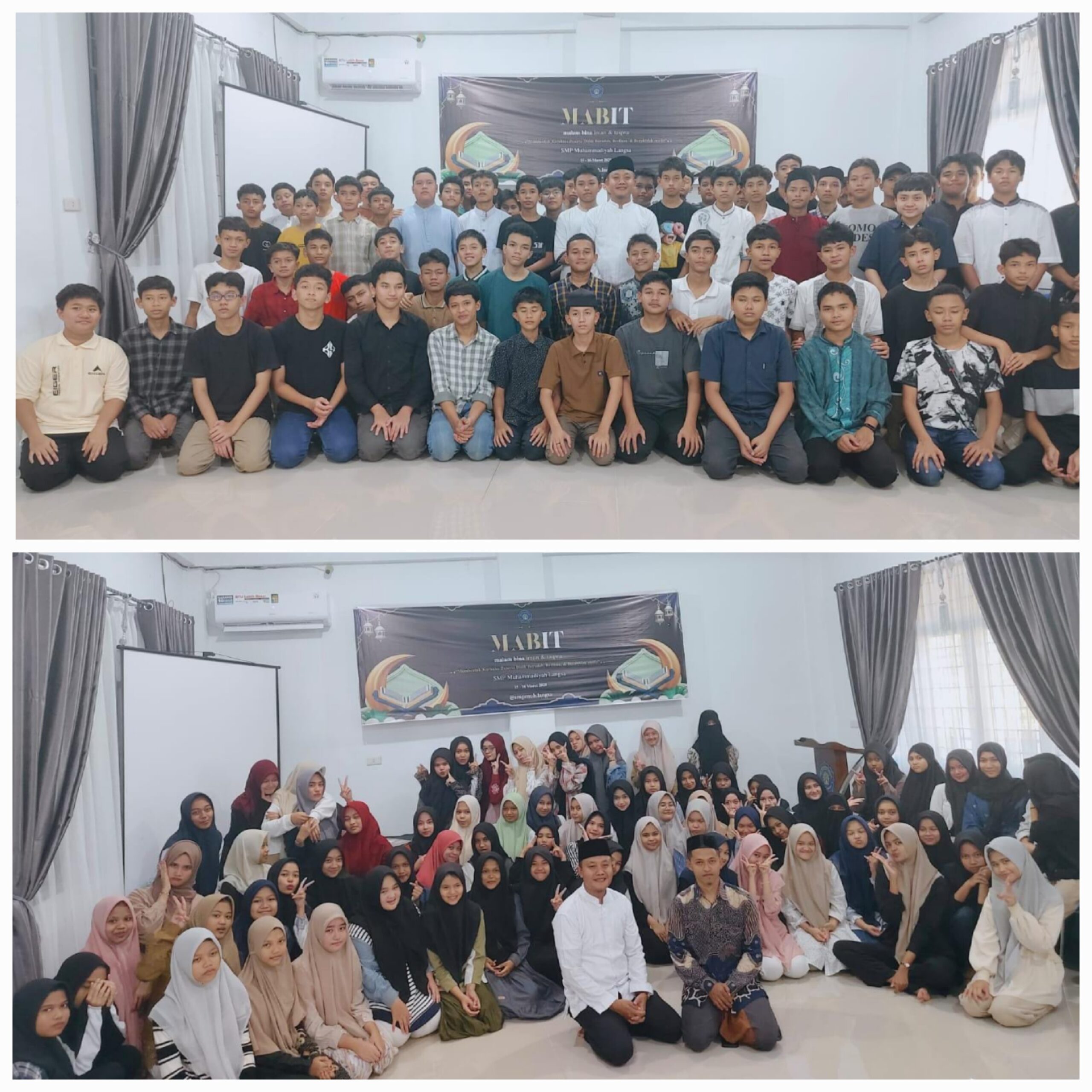 Kepala SMP Muhammadiyah Langsa, Roni S, S.Pd.I, M.Pd bersama siswa saat melaksanakan Malam Bina Iman dan Taqwa (Mabit) perdana di sekolahnya, Sabtu-Minggu (14-15/3). Waspada/dede