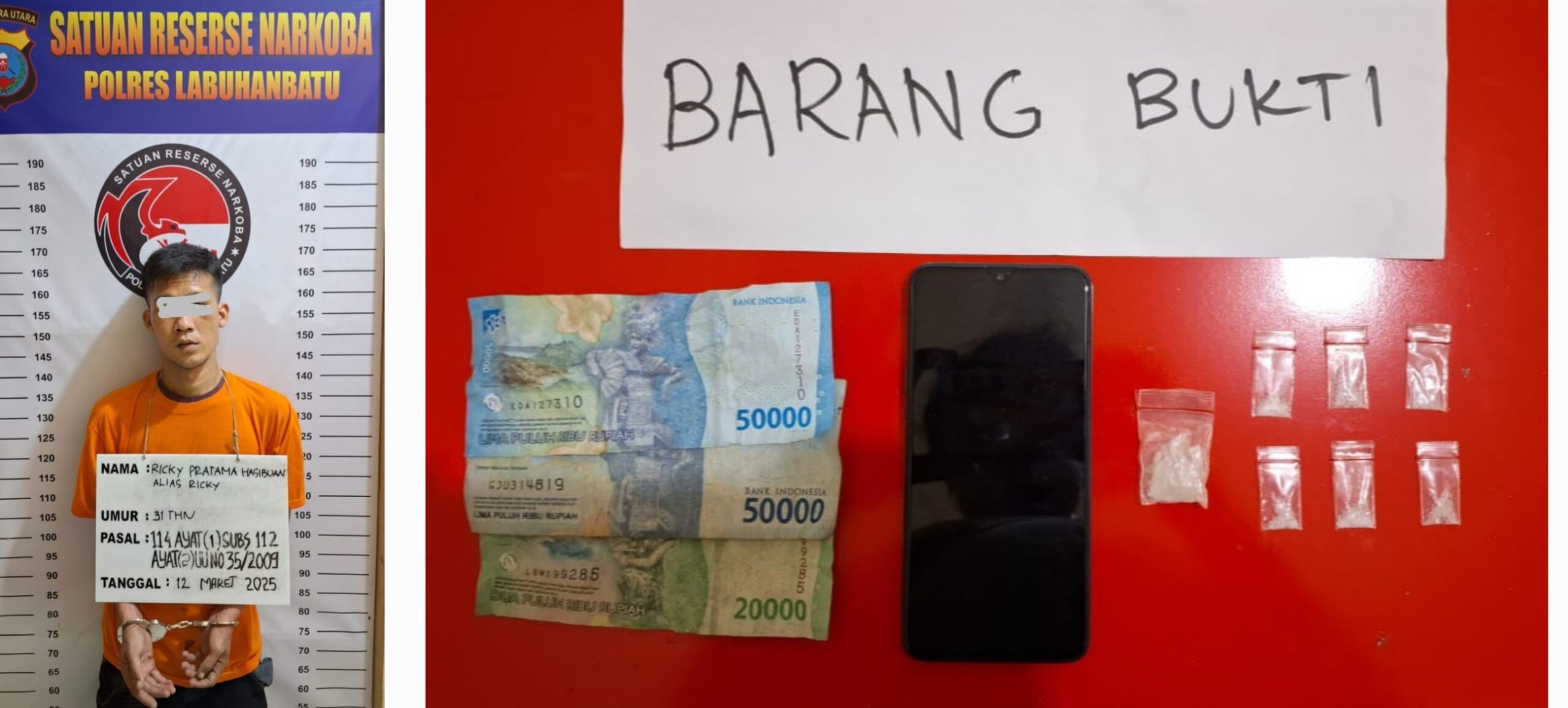 Tersangka Ricky bersama barang bukti di Mapolres Labuhanbatu. (Waspada/Ist)