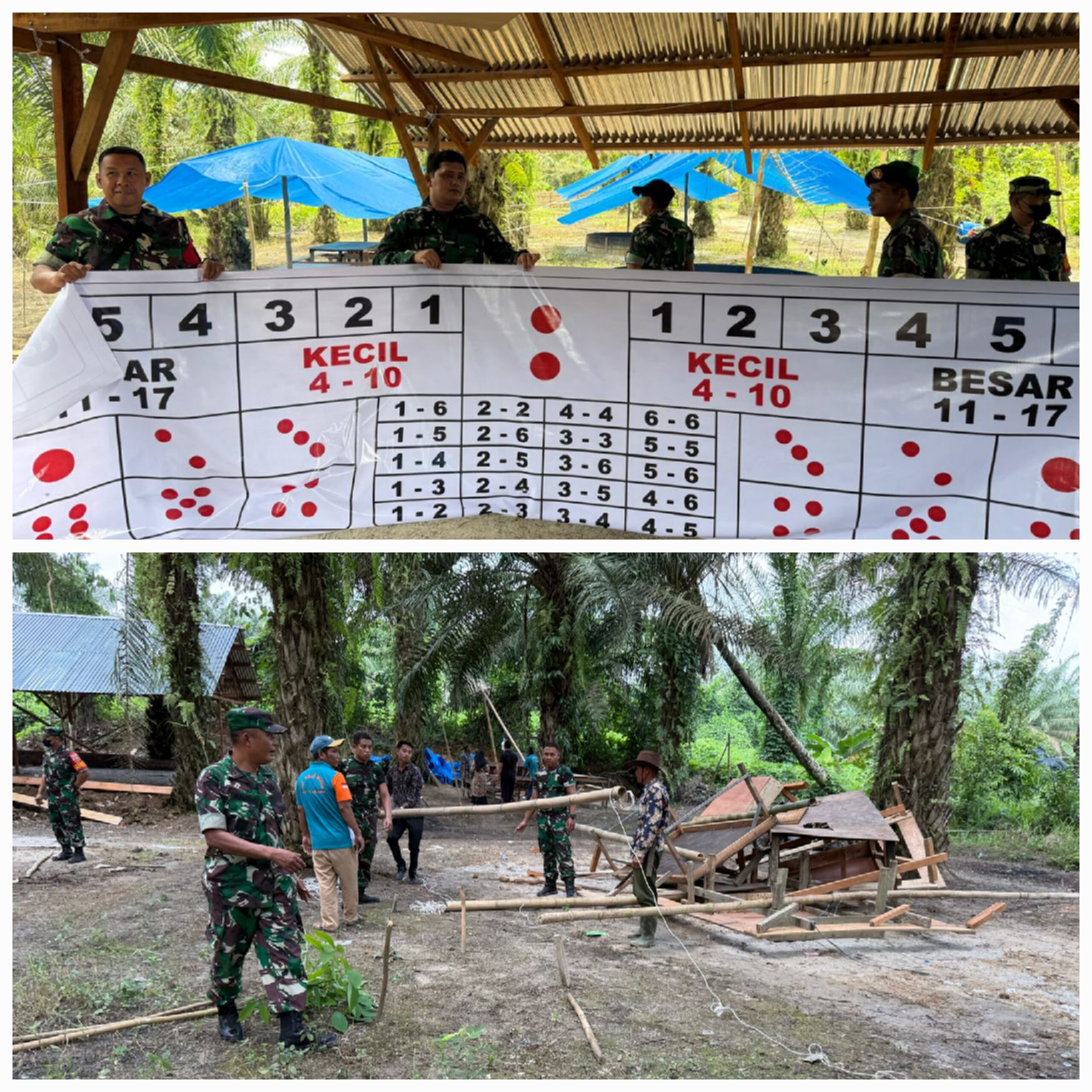 Prajurit TNI saat mengamankan barang bukti diduga dijadikan alat untuk perjudian dan warga saat membongkar tempat yang diduga dijadikan lokasi perjudian. (Waspada/ist).