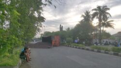 Truk bermuatan sawit brondol terguling di tengah jalan dan muatannya tumpah ruah ke jalan, sehingga mengganggu arus lalu lintas. (Waspada/Zafrullah)