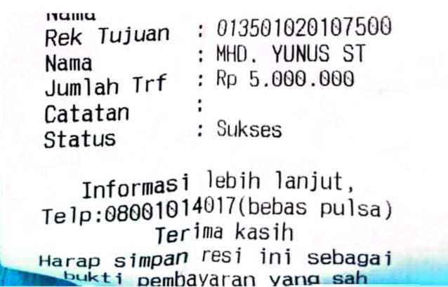 Bukti transfer pengiriman pembayaran biaya Serkom. (Waspada/ist)