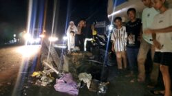 Warga sekitar kejadian menyaksikan puing piong sepeda motor yang hancur usai laga Kambing di Jalinsum Petatal. (Waspada/ist)